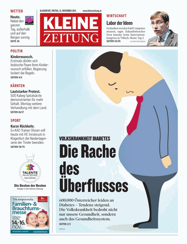 Eine Karikatur über Übergewicht und Diabetes, thematisiert in der „Kleinen Zeitung“.