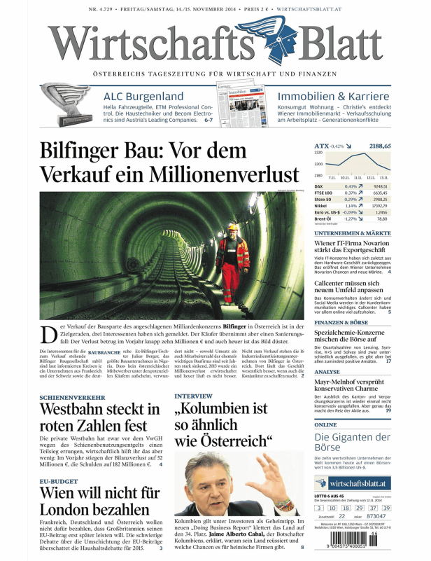 Titelseite des Wirtschaftsblatt vom 14./15. November 2014 mit dem Titel „Bilfinger Bau: Vor dem Verkauf ein Millionenverlust“.