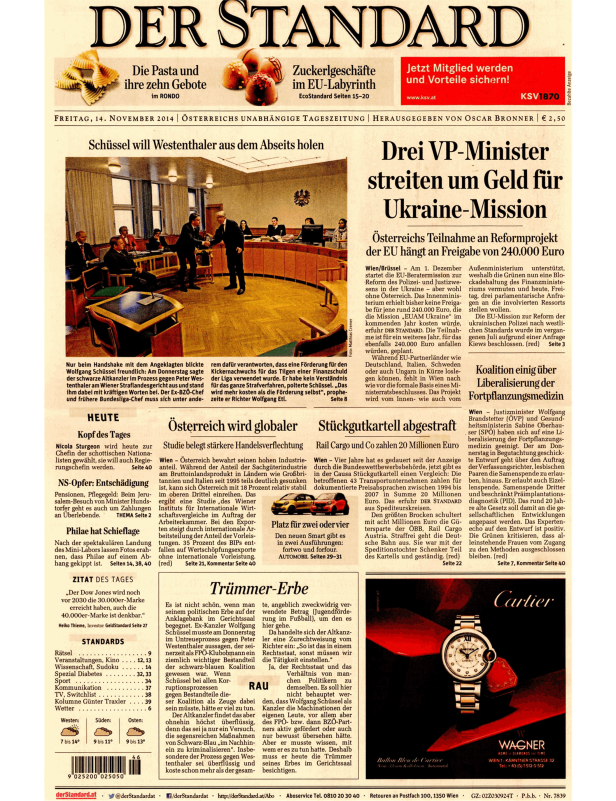 Titelseite der Zeitung „Der Standard“ vom 14. November 2014.