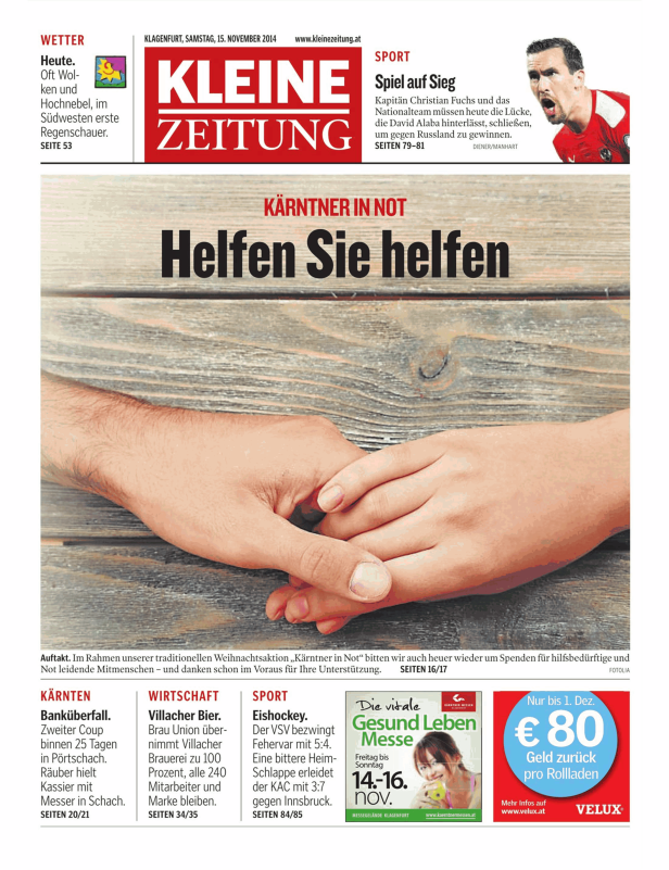 Eine Zeitungsseite der „Kleinen Zeitung“ mit der Überschrift „Kärntner in Not: Helfen Sie helfen“.