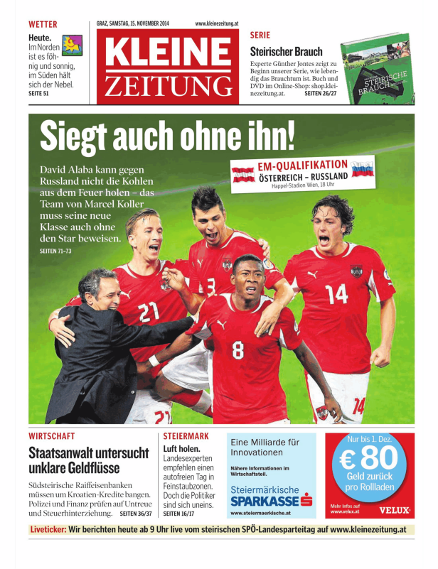Eine Titelseite der Kleinen Zeitung vom 15. November 2014 mit einem Artikel über die österreichische Fußballnationalmannschaft.
