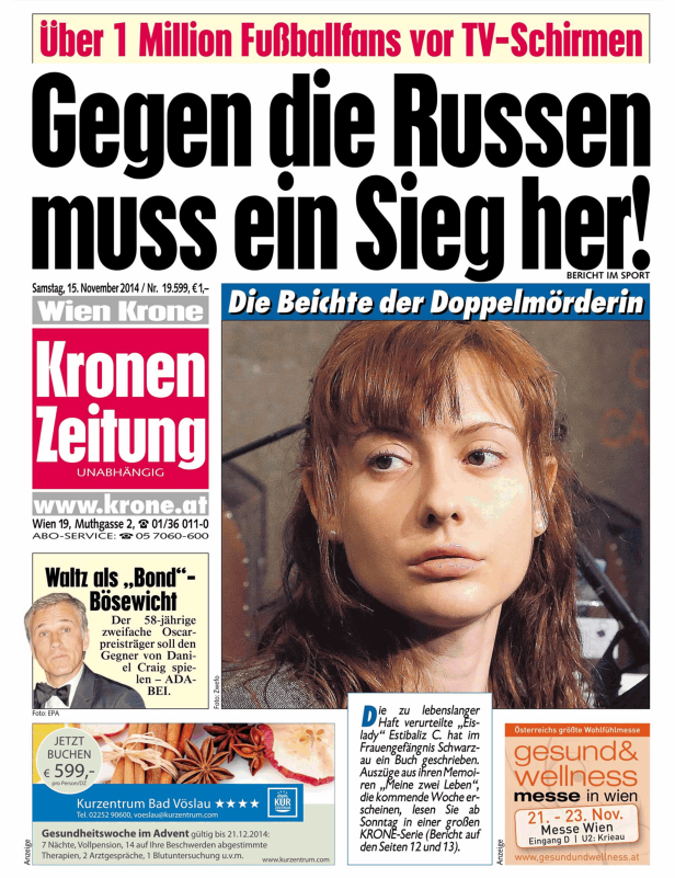 Titelseite der „Kronen Zeitung“ vom 15. November 2014 mit Schlagzeilen zu Sport und einem Bericht über eine Doppelmörderin.