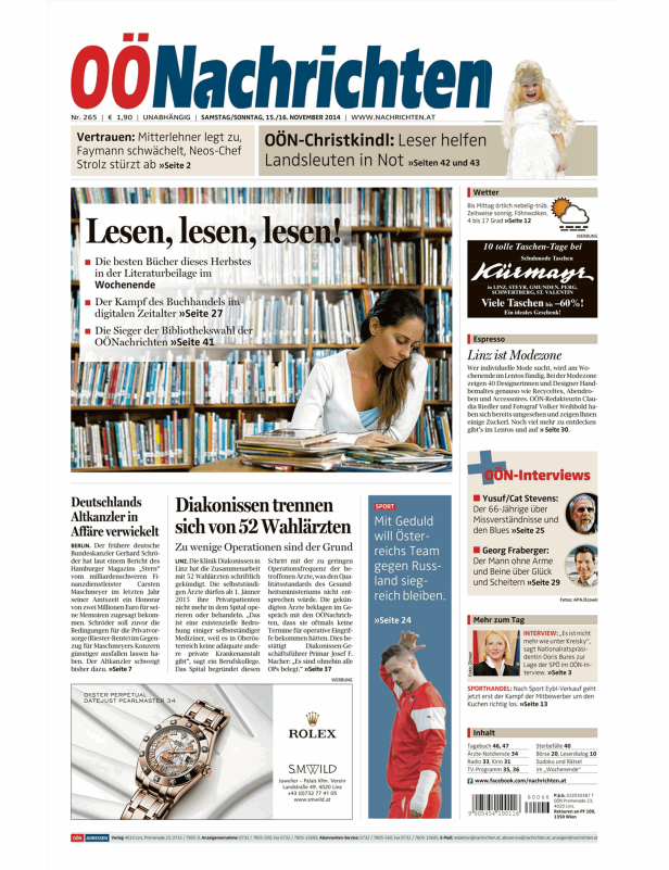 Titelseite der OÖNachrichten vom 15./16. November 2014.