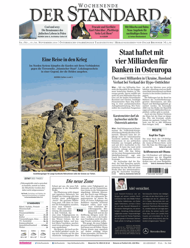 Titelseite der Zeitung Der Standard vom 15./16. November 2014.