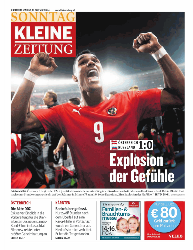 Jubelnder Fußballspieler im rot-weißen Trikot Österreichs nach einem Sieg gegen Russland.
