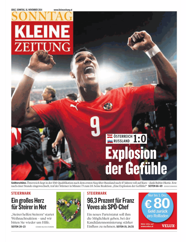 Titelseite der Kleinen Zeitung vom 16. November 2014 mit einem jubelnden Fußballspieler im rot-weißen Trikot.