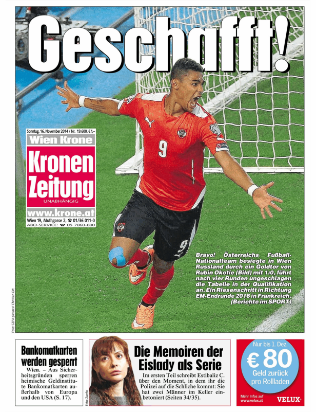 Ein jubelnder Rubin Okotie im Trikot der österreichischen Fußballnationalmannschaft.
