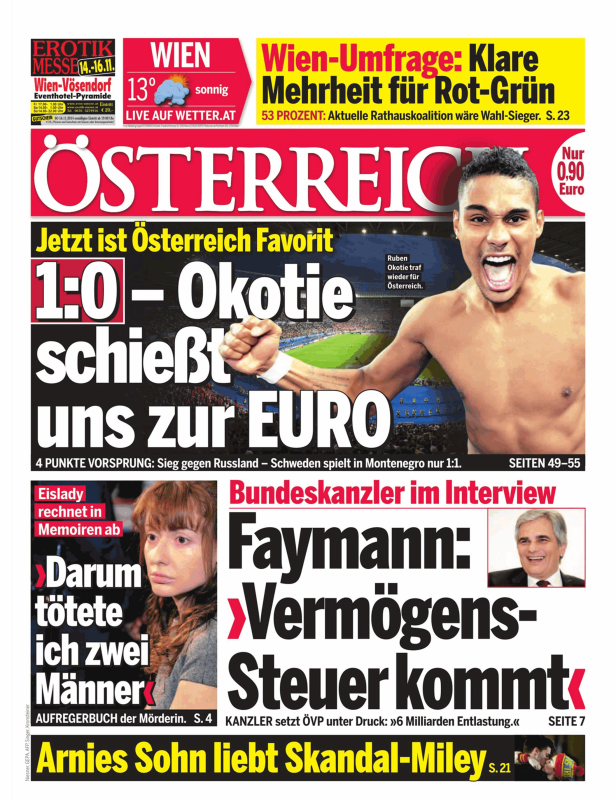 Titelseite einer Zeitung mit der Schlagzeile „Okotie schießt uns zur EURO“.