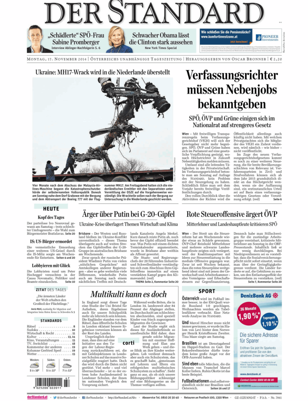 Titelseite der Zeitung „Der Standard“ vom 17. November 2014 mit dem Titel „Ukraine: MH17-Wrack wird in die Niederlande überstellt“.
