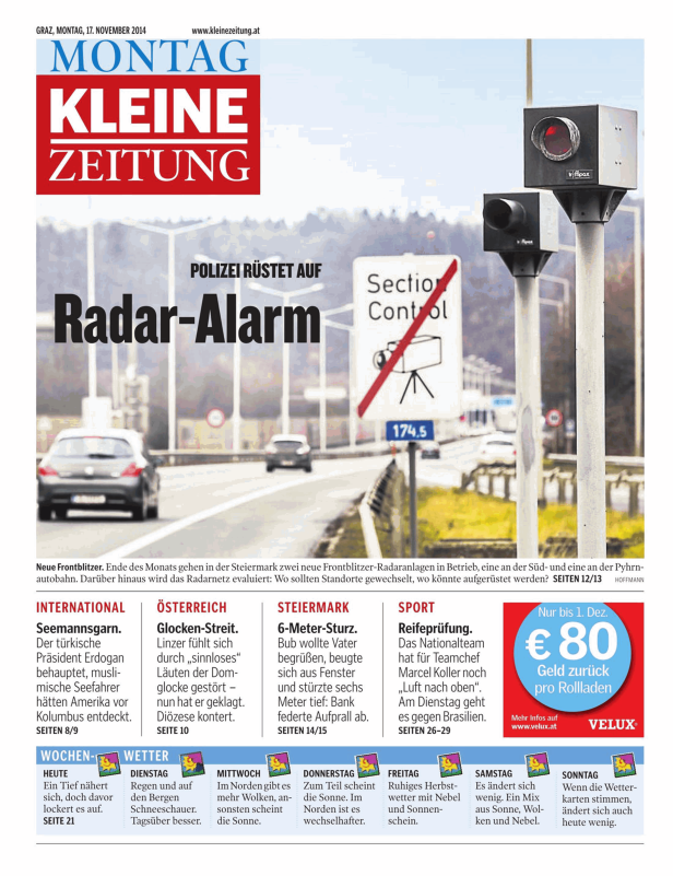 Titelseite der Kleinen Zeitung vom 17. November 2014 mit dem Titel „Radar-Alarm“.