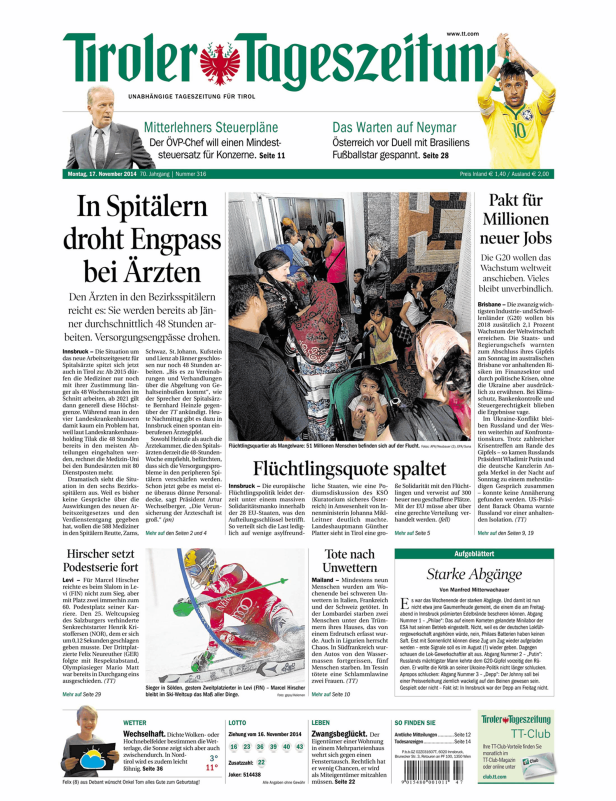 Eine Titelseite der Tiroler Tageszeitung vom 17. November 2014.