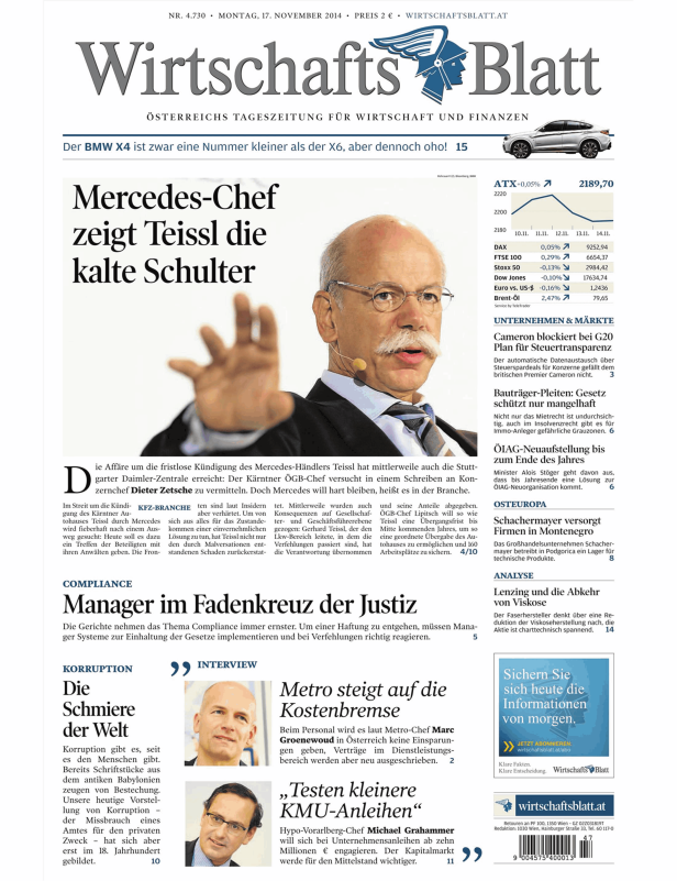 Titelseite des Wirtschaftsblatt vom 17. November 2014.