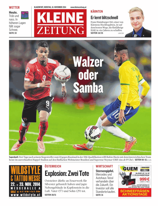 Rubin Okotie (Österreich) trifft auf Neymar (Brasilien) während eines Fußballspiels.