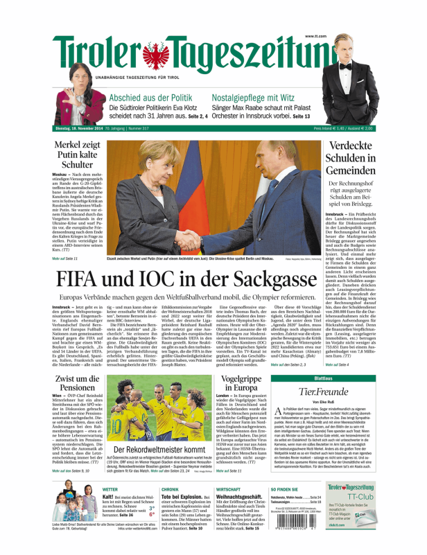 Titelseite der Tiroler Tageszeitung vom 18. November 2014.