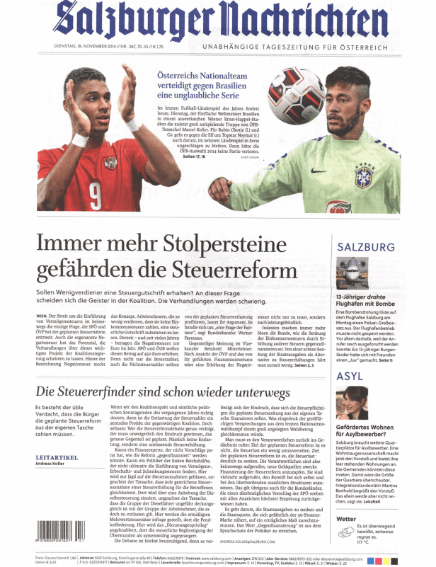 Titelseite der Salzburger Nachrichten vom 18. November 2014.