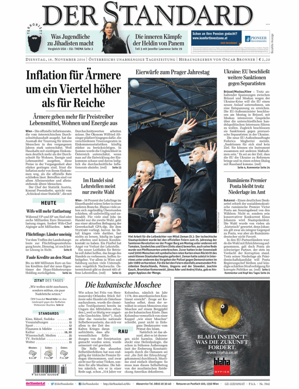 Titelseite der Zeitung „Der Standard“ vom 18. November 2014.