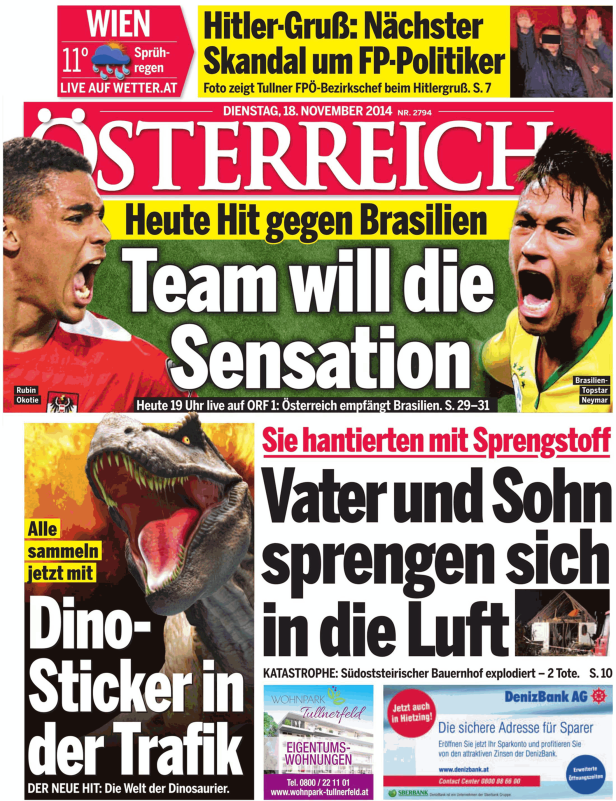 Titelseite der Zeitung „Österreich“ vom 18. November 2014 mit Artikeln über Fußball, einen Hitlergruß-Skandal und Dinosaurier-Sticker.