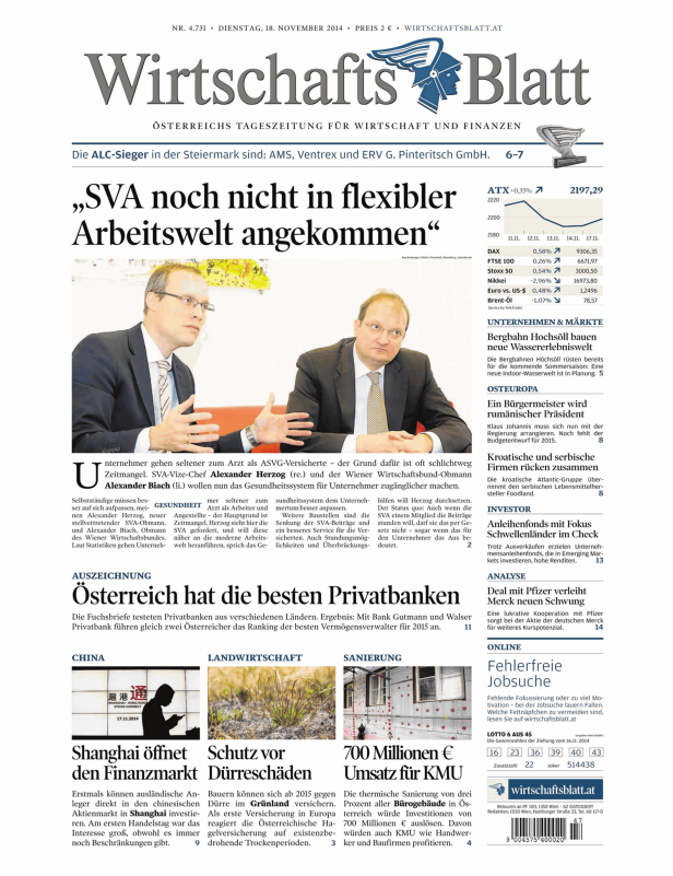 Titelseite des Wirtschaftsblatt vom 18. November 2014.