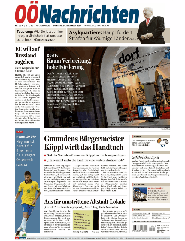Titelseite der OÖ Nachrichten vom 18. November 2014.