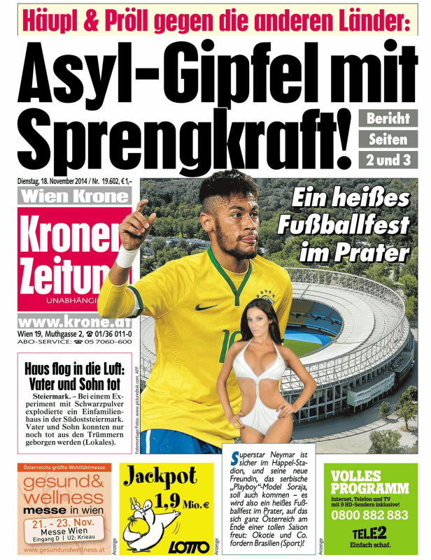 Titelseite der „Kronen Zeitung“ mit Neymar, Fußballbezug und dem Hinweis auf ein Fußballfest im Prater.