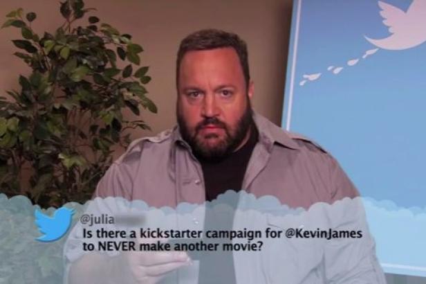 Kevin James vor einem Twitter-Logo, neben dem ein Tweet über eine Kickstarter-Kampagne zu sehen ist.