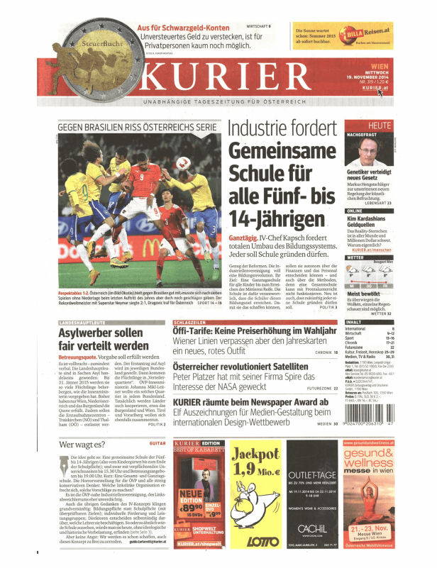 Titelseite des „Kurier“ vom 19. November 2014 mit Artikeln zu verschiedenen Themen.