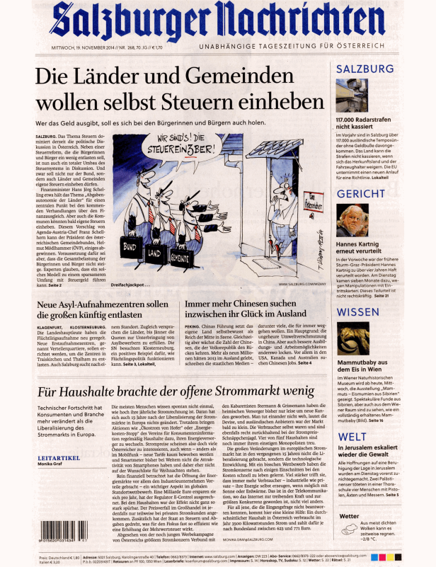Karikatur in einer Zeitung über Steuern, mit dem Titel: „Die Länder und Gemeinden wollen selbst Steuern einheben.“