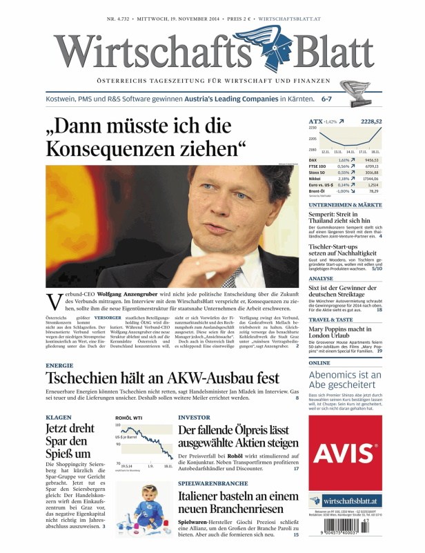 Titelseite des WirtschaftsBlatt vom 19. November 2014 mit einem Bild von Wolfgang Anzengruber.