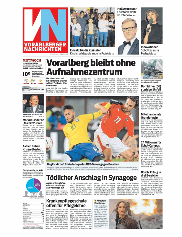 Ein Fußballspiel zwischen Brasilien und Österreich ist auf der Titelseite der Zeitung abgebildet.