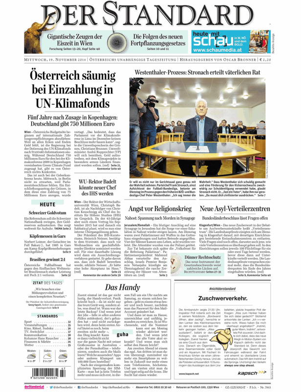 Titelseite der Zeitung „Der Standard“ vom 19. November 2014.