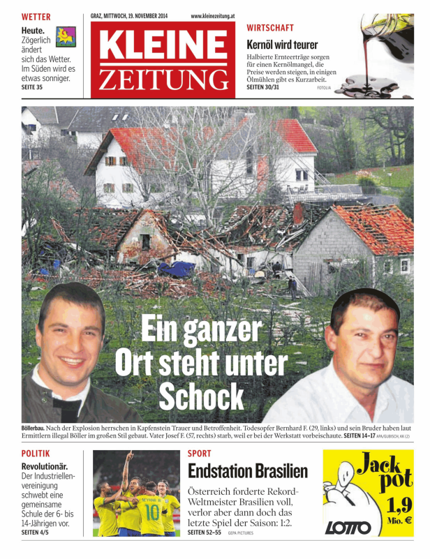 Titelseite der Kleinen Zeitung vom 19. November 2014 mit Berichten über eine Explosion und Sport.