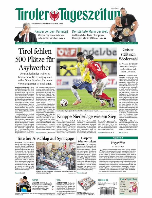 Titelseite der Tiroler Tageszeitung vom 19. November 2014.