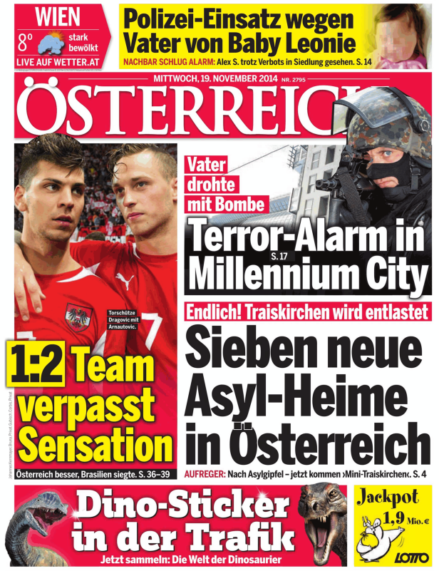 Titelseite der Zeitung „Österreich“ vom 19. November 2014 mit verschiedenen Schlagzeilen.