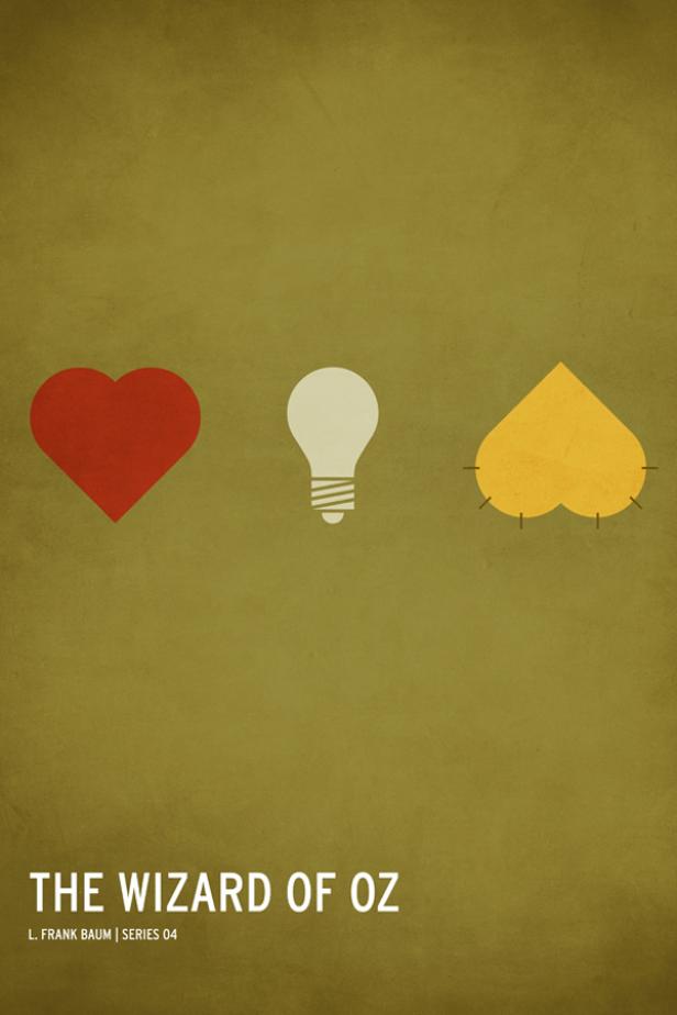 Ein minimalistisches Poster für „Der Zauberer von Oz“ mit Herz, Verstand und Mut.