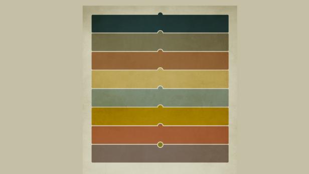 Eine Reihe von horizontalen, farbigen Balken mit abgerundeten Ecken und kleinen Kreisen.