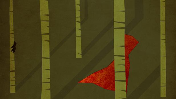 Eine stilisierte Darstellung eines Waldes mit einem roten Fleck am Boden.