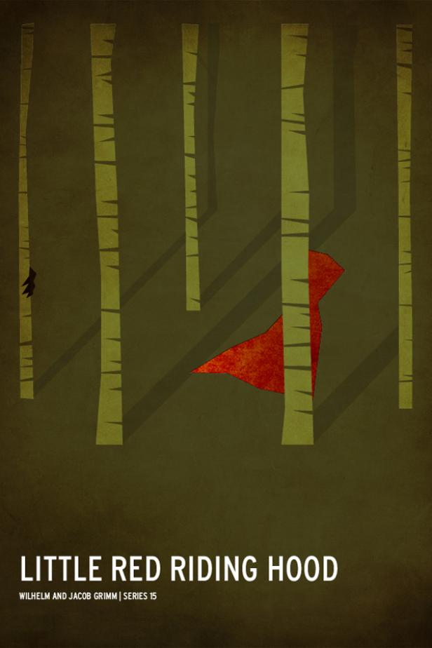 Ein stilisierter Wald mit einem roten Kapuzenumhang, der an Rotkäppchen erinnert.