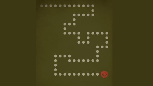 Ein Punktweg führt zu einem roten Totenkopf auf olivgrünem Grund.