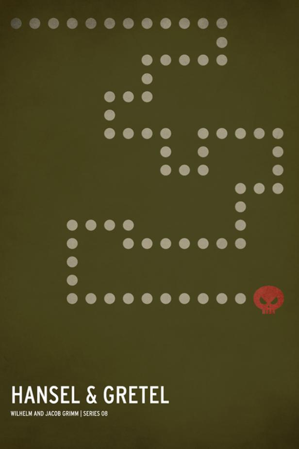 Minimalistische Darstellung von Hänsel und Gretel, die einem Pfad aus Brotkrumen zu einem Totenkopf folgen.