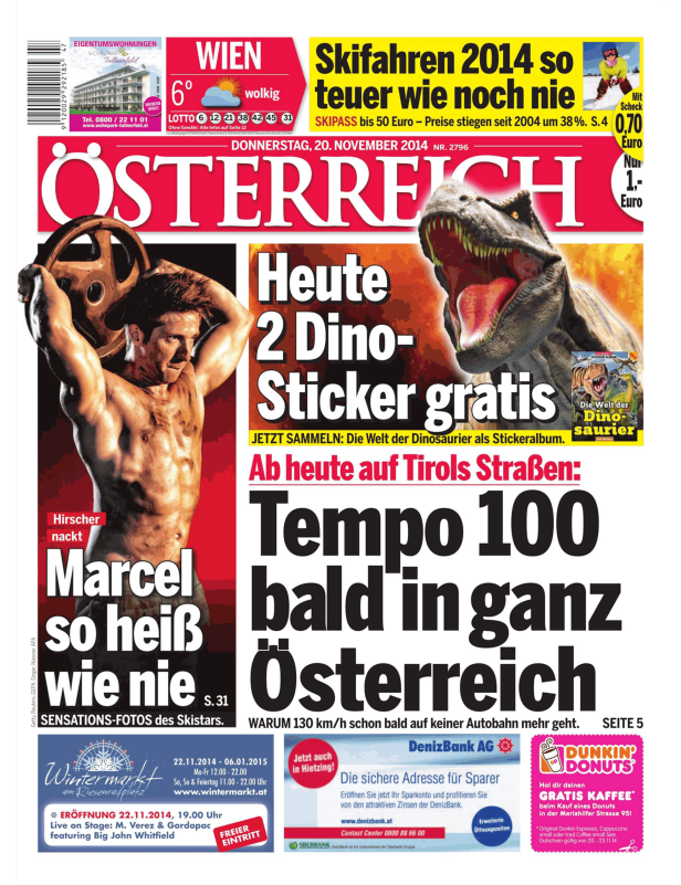 Titelseite der Zeitung „Österreich“ vom 20. November 2014 mit Meldungen zu Ski-Preisen, Dinosaurier-Stickern und Tempo 100.