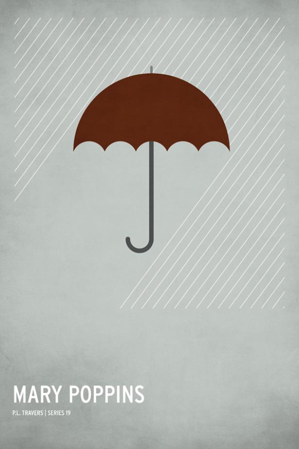 Ein minimalistisches Poster für „Mary Poppins“ mit einem braunen Regenschirm vor Regenlinien.