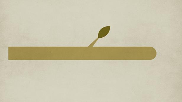 Ein stilisierter Zweig mit einem einzelnen Blatt vor einem beigen Hintergrund.