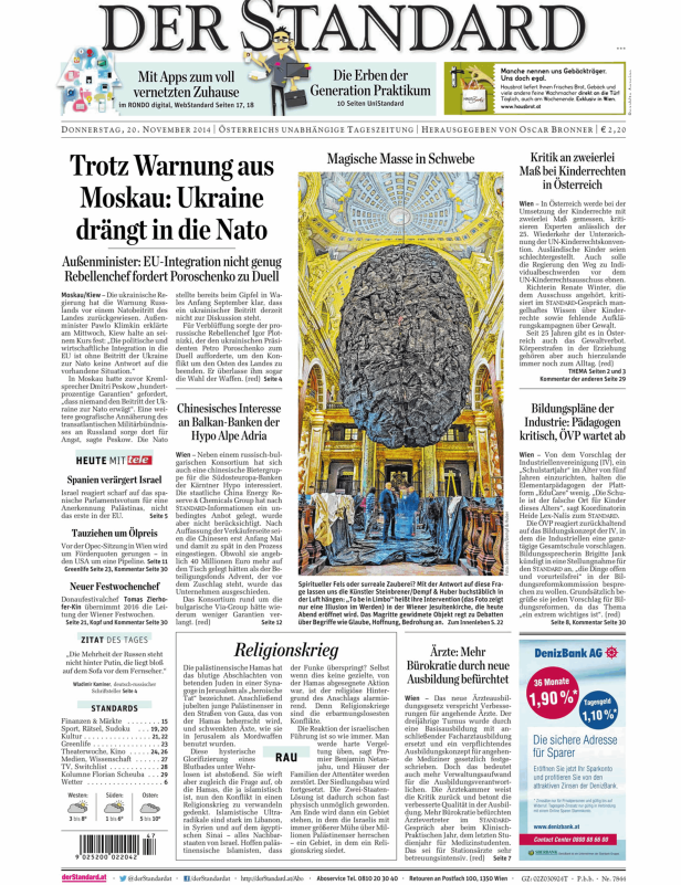Titelseite der Zeitung Der Standard vom 20. November 2014.