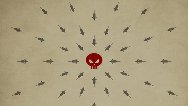 Ein roter Totenkopf ist von Mäusen umgeben.