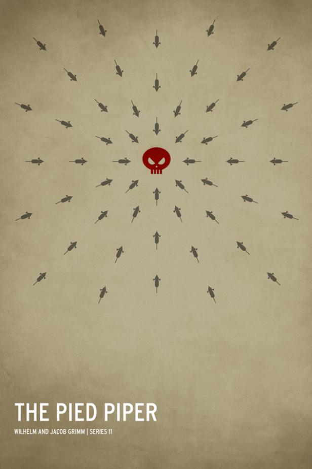 Ein stilisierter Entwurf für „Der Rattenfänger von Hameln“ mit einem Totenkopf und Ratten.