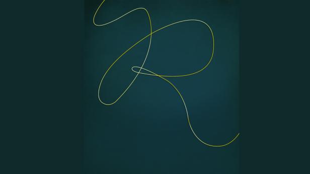 Eine goldene Linie formt ein abstraktes Design auf einem dunkelgrünen Hintergrund.