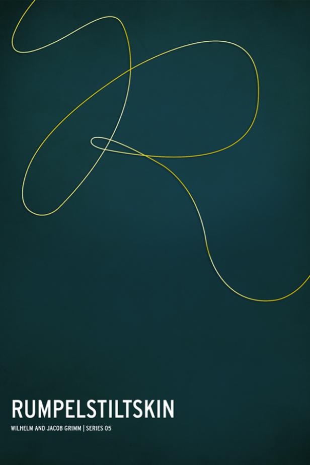 Das Cover von „Rumpelstilzchen“ von Wilhelm und Jacob Grimm zeigt eine goldene stilisierte Initiale auf blauem Grund.