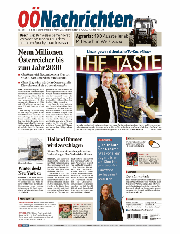 Titelseite der OÖNachrichten vom 21. November 2014.