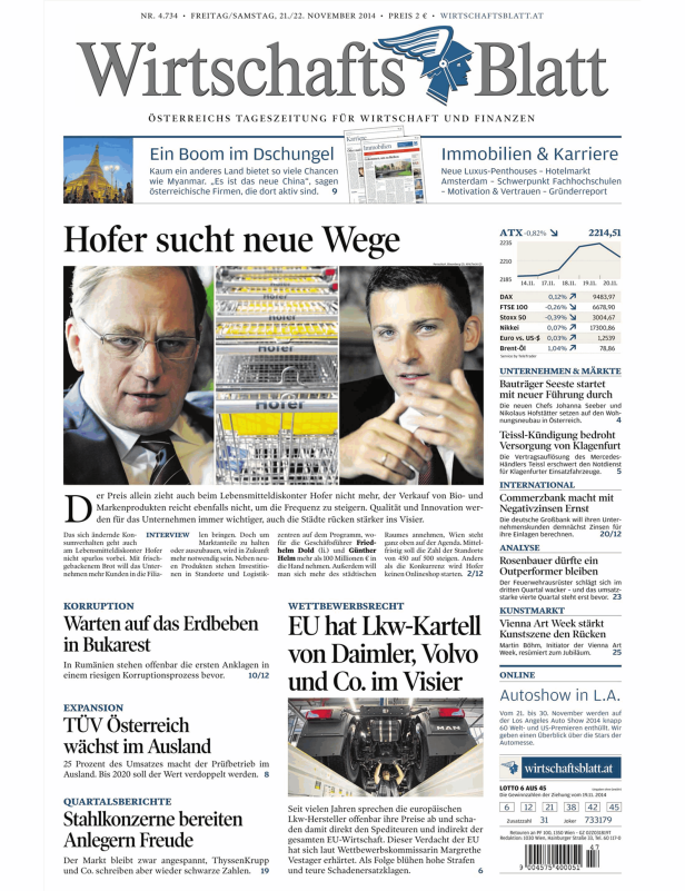 Titelseite des Wirtschaftsblatt vom 21./22. November 2014.