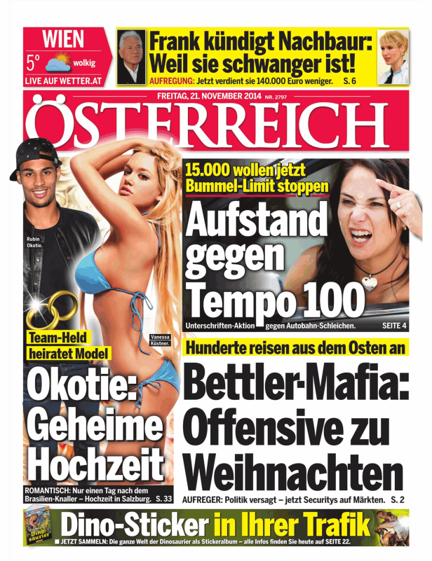 Titelseite der Zeitung „Österreich“ vom 21. November 2014 mit Meldungen zu verschiedenen Themen.
